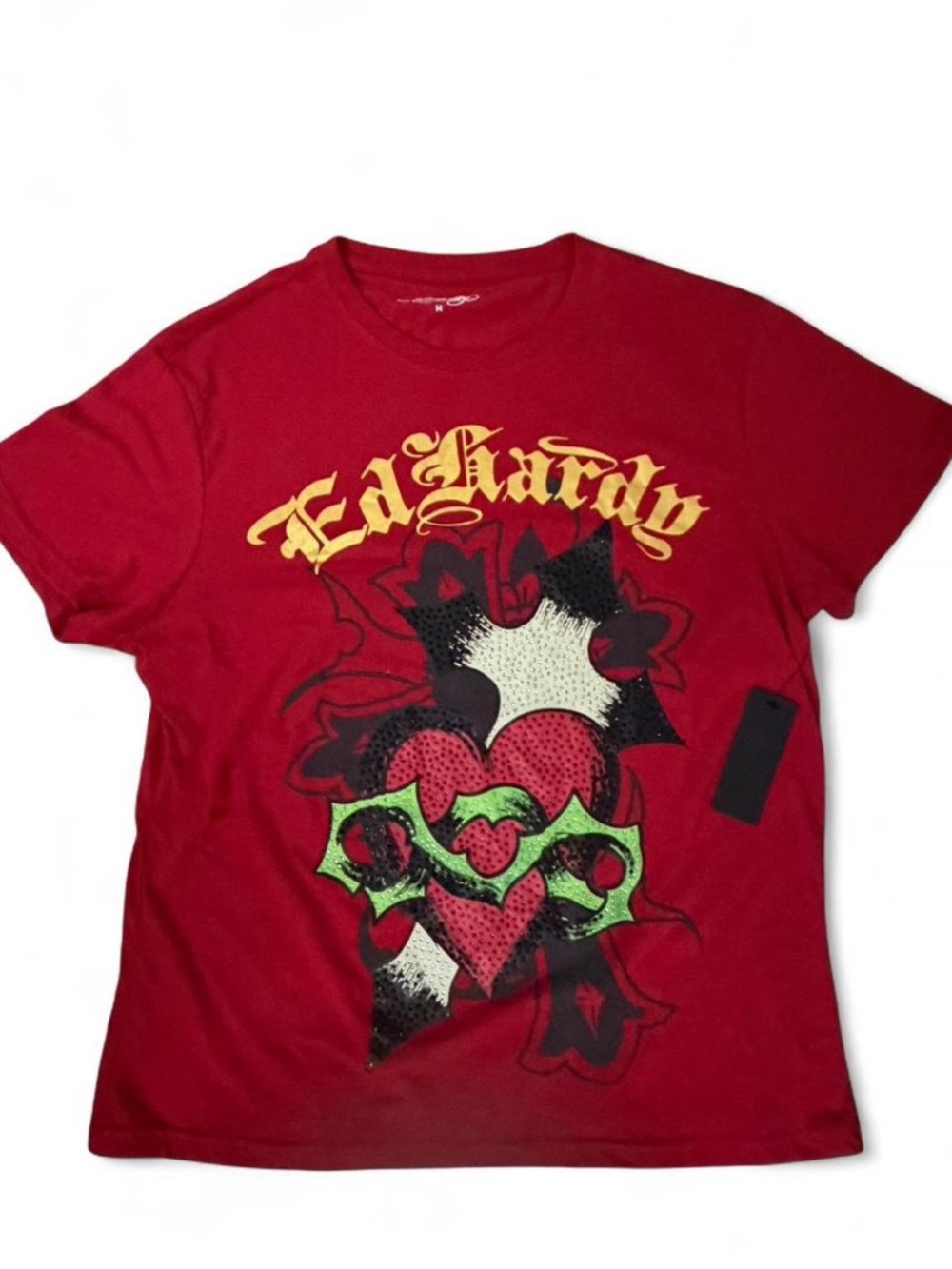 Ed Hardy Red Tee with Neon Green Skull and Black Tag